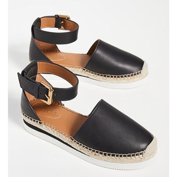 See By Chloe Black Leather Glyn Flat Espadrilles Nero 39 Ankle Strap Round Toe